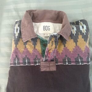 BDG Men's Shirt with Purple and Yellow Geometric Design.